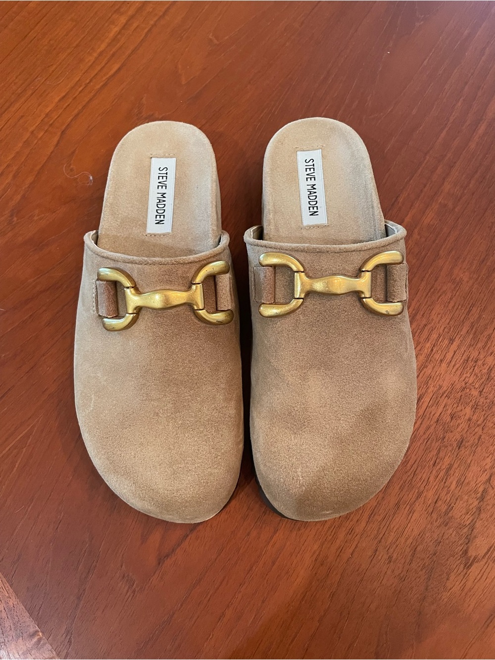 Steve Madden Tan Suede Mule with Gold Horsebit Accent